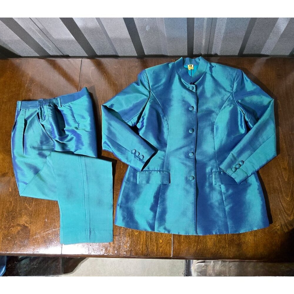 Vtg Cedro 2 Piece Womens Suit Sz S/M Iridescent Teal Blue 100% Silk Pantsuit Set